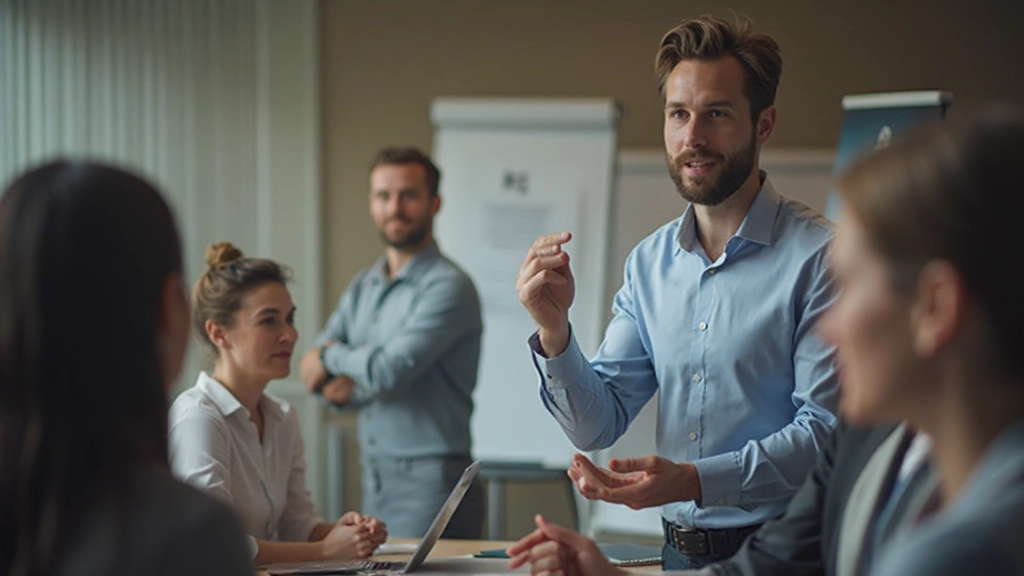 Фото профессионала, демонстрирующего уверенную позу и жесты во время презентации