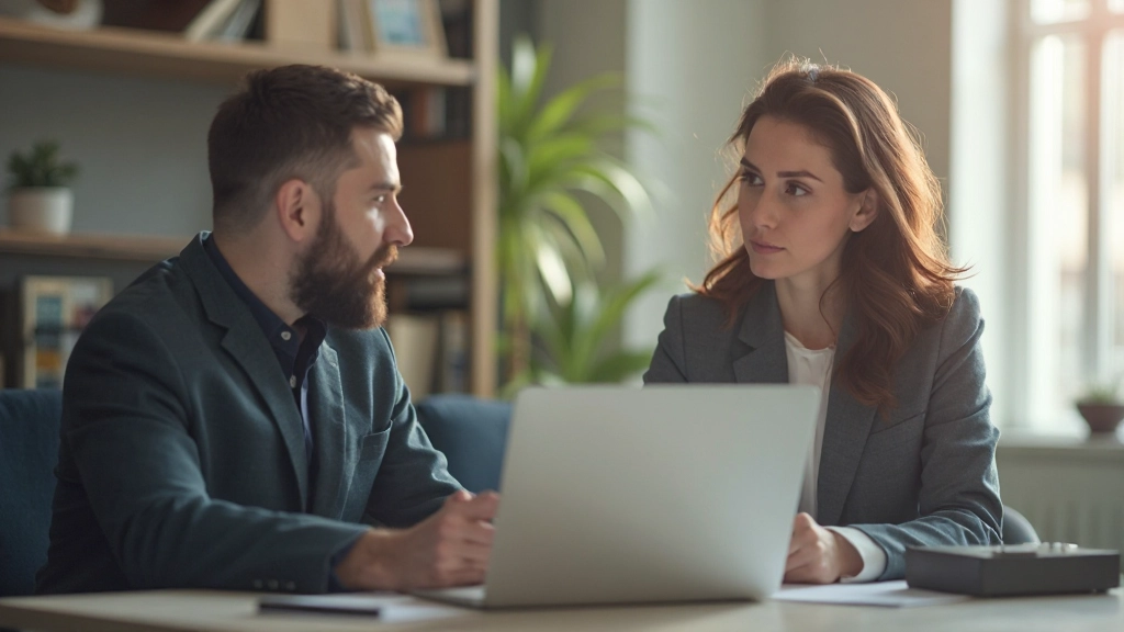 Двое профессионалов, обсуждающих проект в офисной среде с открытой коммуникацией