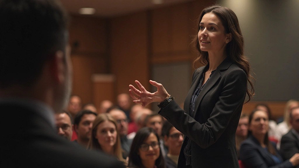 Профессиональное фото молодой женщины, успешно проводящей презентацию перед аудиторией