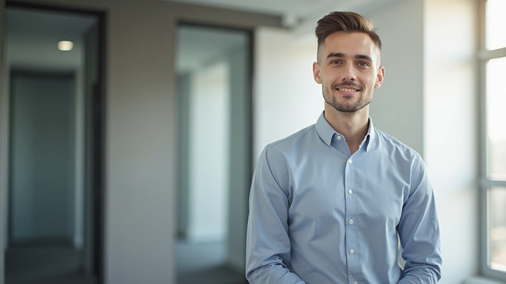 Профессиональный портрет молодого человека, уверенно стоящего на фоне современного офиса